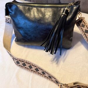 Black Faux Leather Crossbody Bag w/ Tassel & Patterned Guitar Adjustable Strap